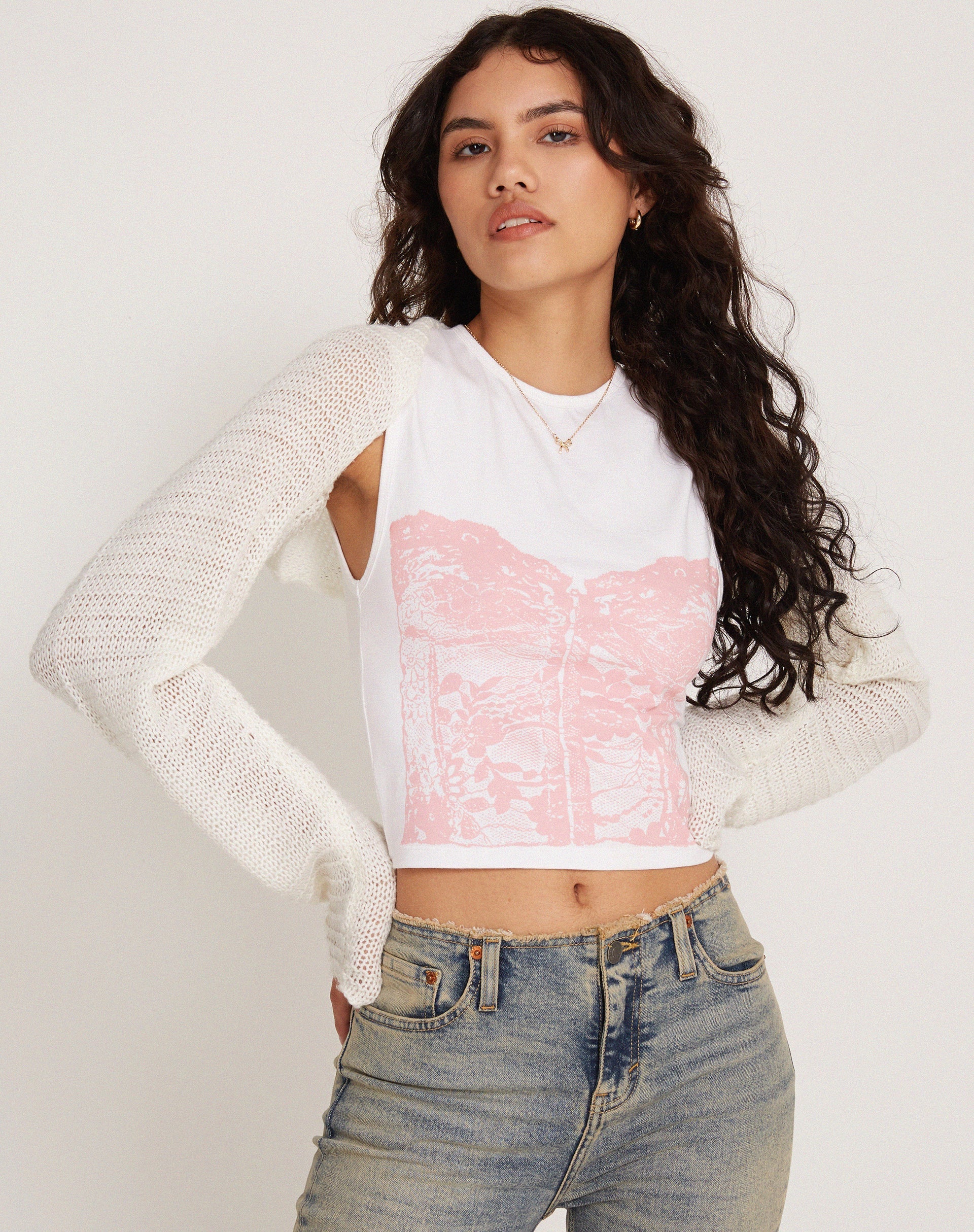 Afbeelding van Monlo Vest Top in Wit Roze Korsetprint