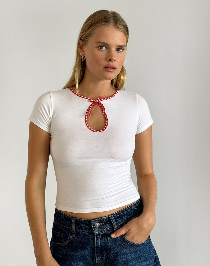 Afbeelding van Monsel Top met Stropdas in Wit met Rode Gingham Binding