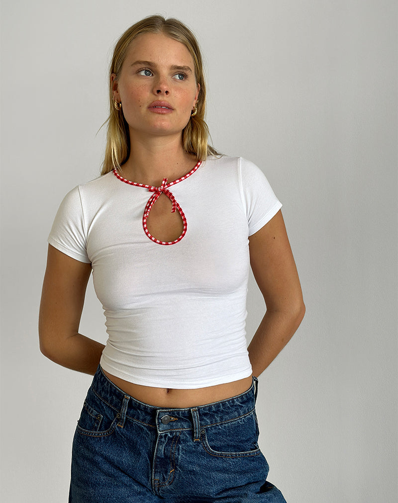 Afbeelding van Monsel Top met Stropdas in Wit met Rode Gingham Binding