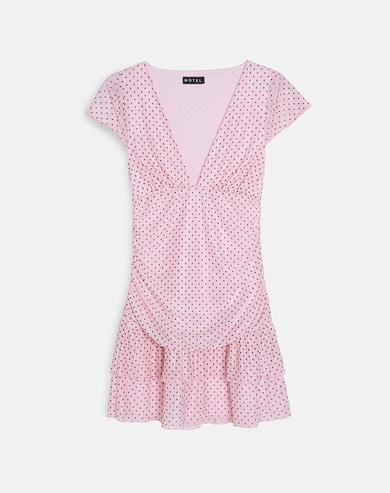 Mowgli Mini Jurkje met Kapmouwtjes in Baby Roze met Micro Polka Zwart