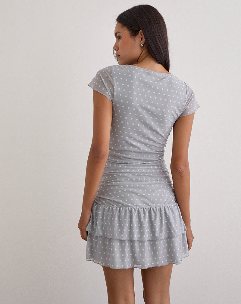 Image of Mowgli Cap Sleeve Mini Dress in Grey with Micro White Polka