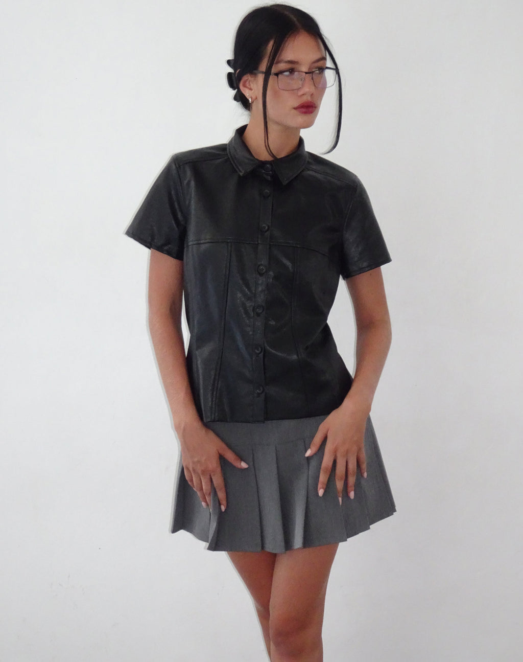 Mulan Shirt met Korte Mouw in PU Zwart