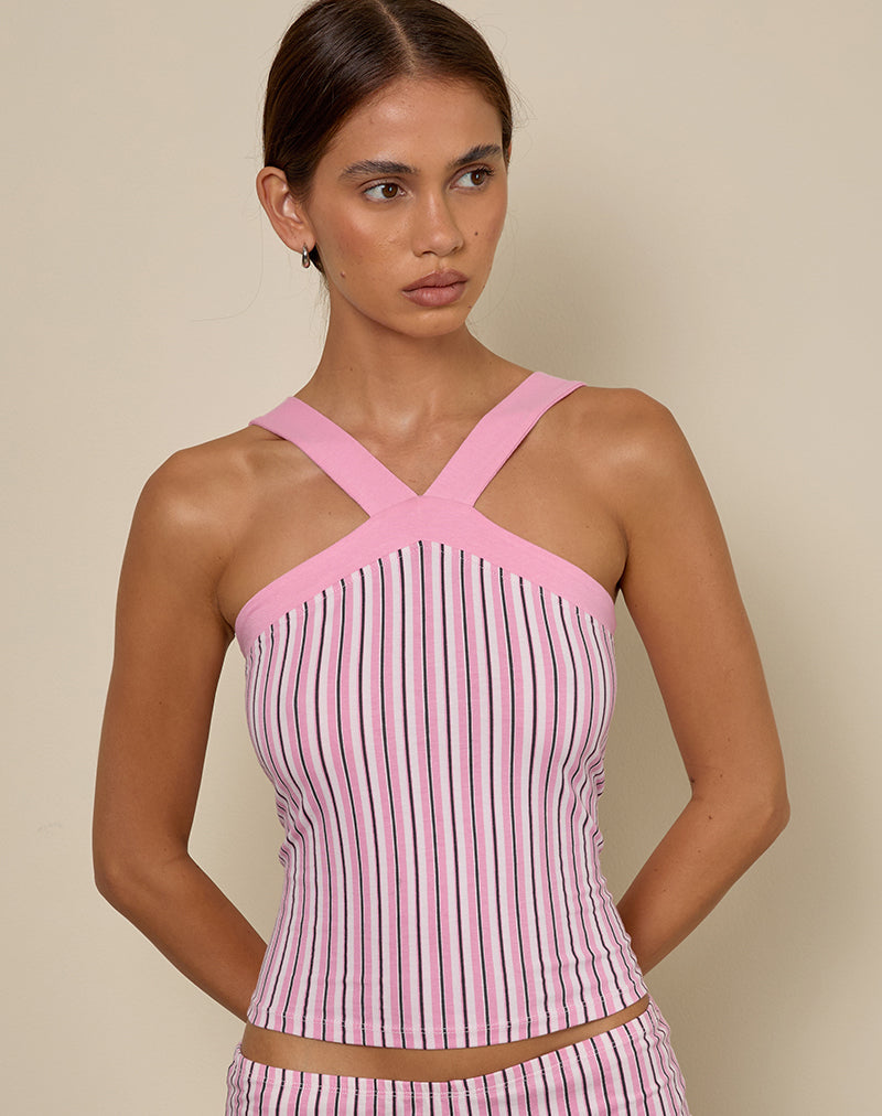 Myer Halternck Top met brede band in roze krijtstreep
