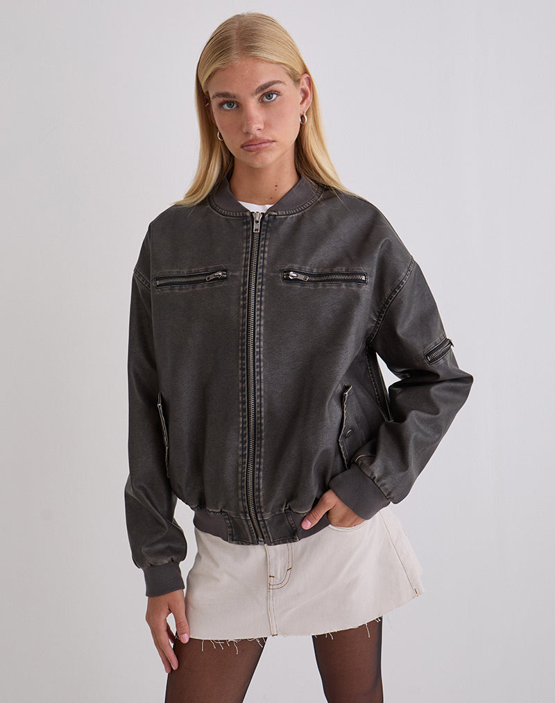 Afbeelding van Marco Distressed Bomber Jacket in PU Houtskool