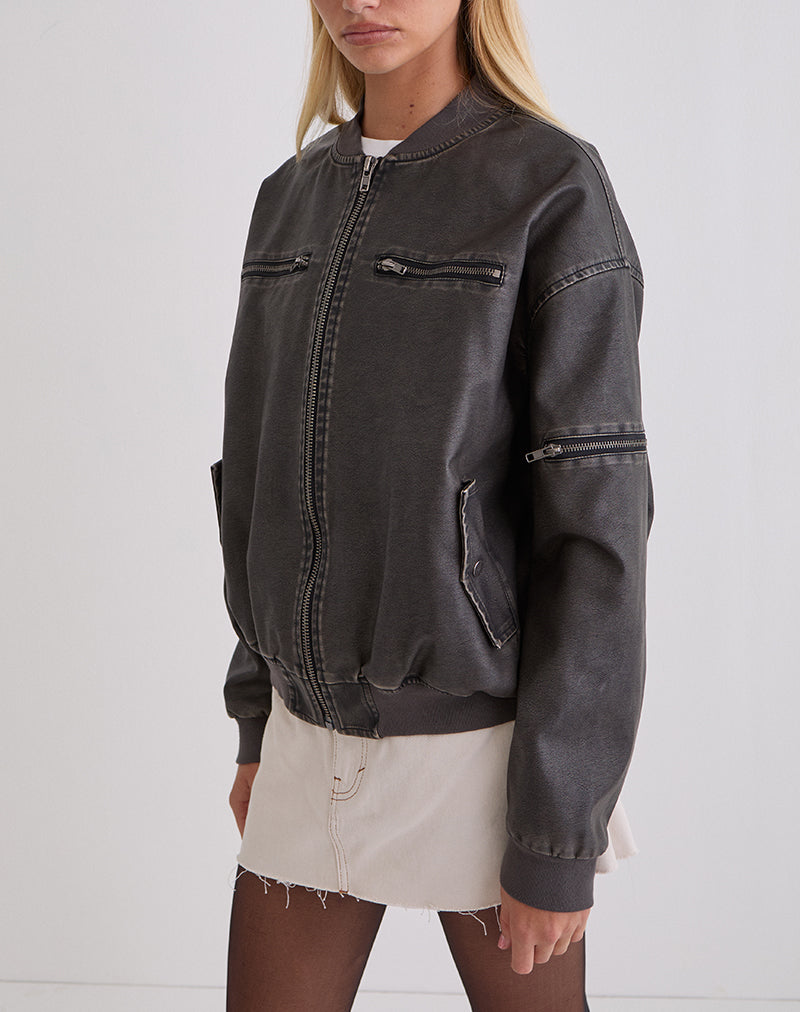 Afbeelding van Marco Distressed Bomber Jacket in PU Houtskool