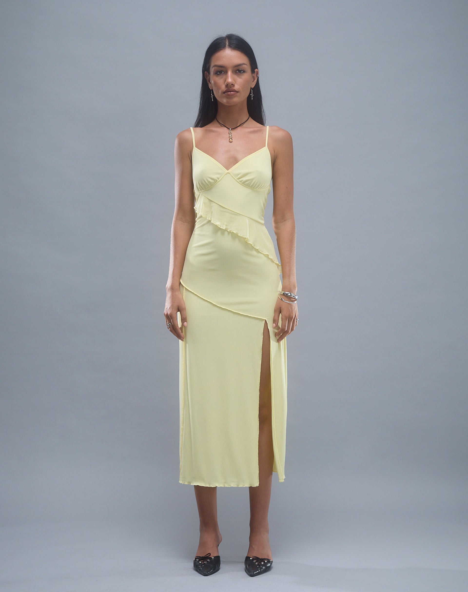 Afbeelding van Jacy Ruffle Midi Dress in Mesh Citroen