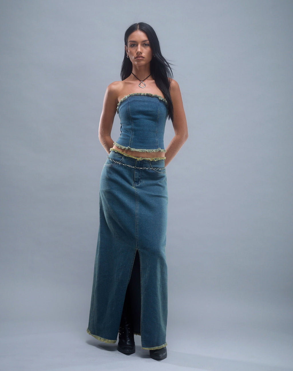 Zaenap Gerafelde Denim Maxi Rok in Bruin Blauw Zuur