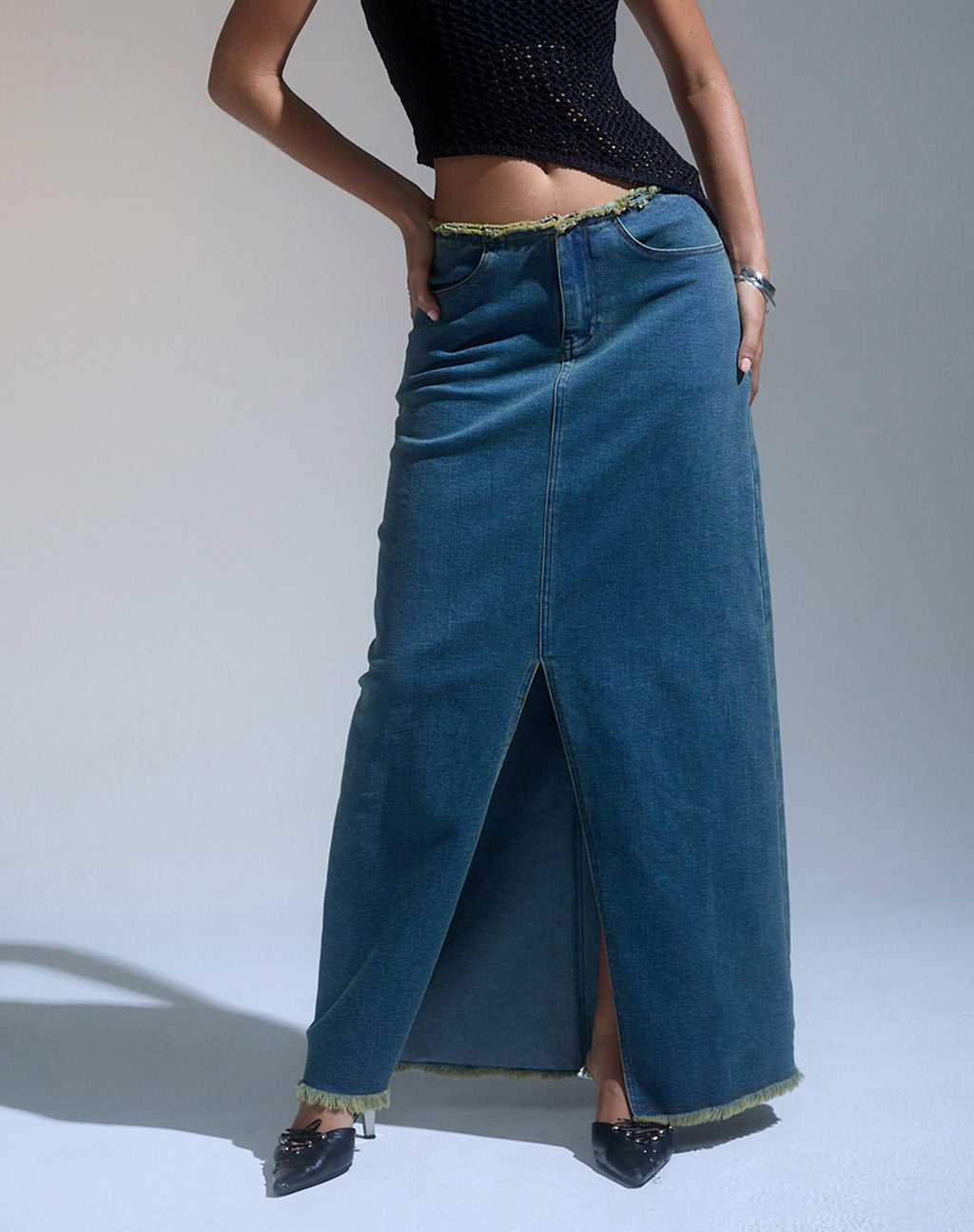 Zaenap Gerafelde Denim Maxi Rok in Bruin Blauw Zuur