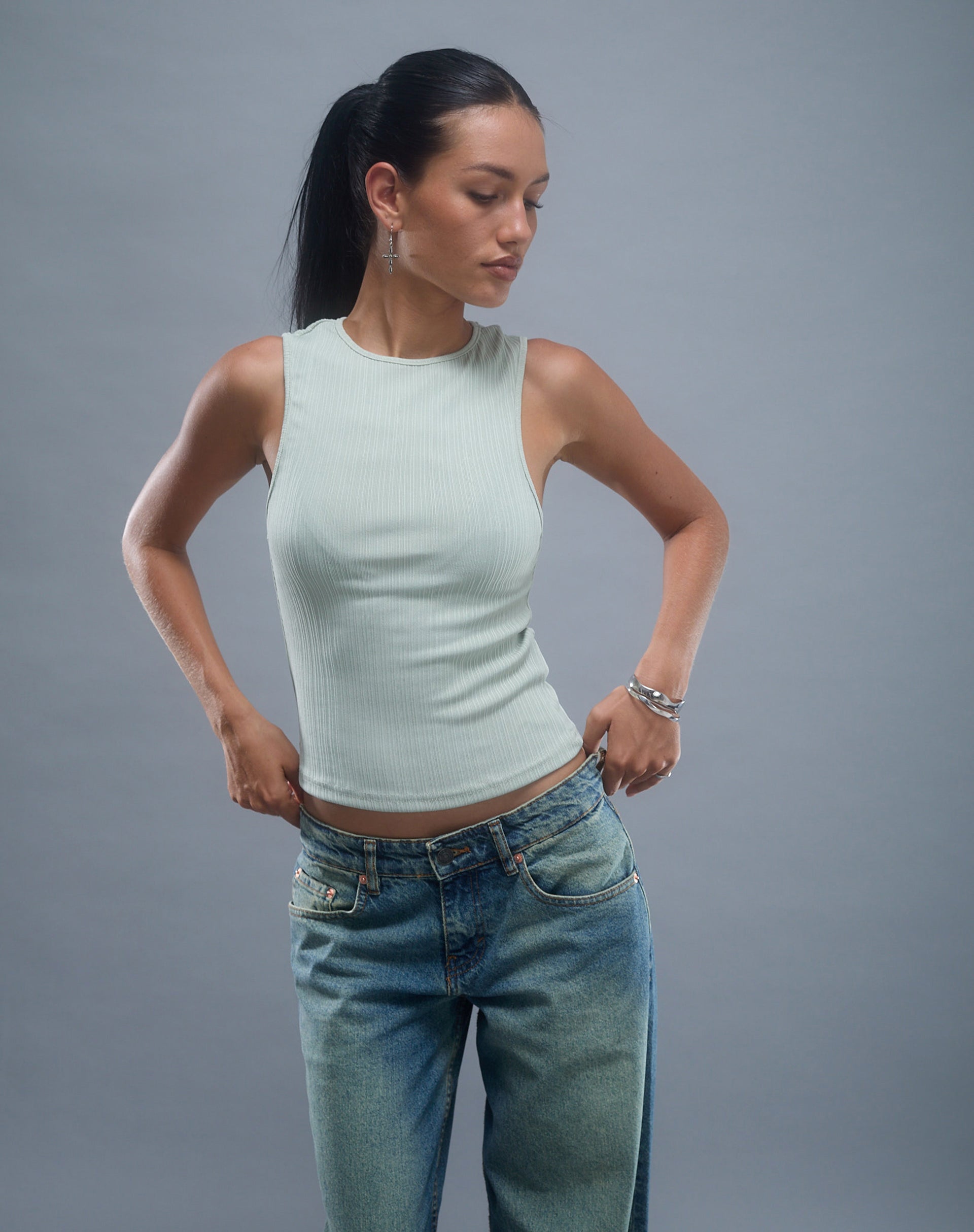 Afbeelding van Jordin Hoge Hals Jersey Top in Geribd Mint