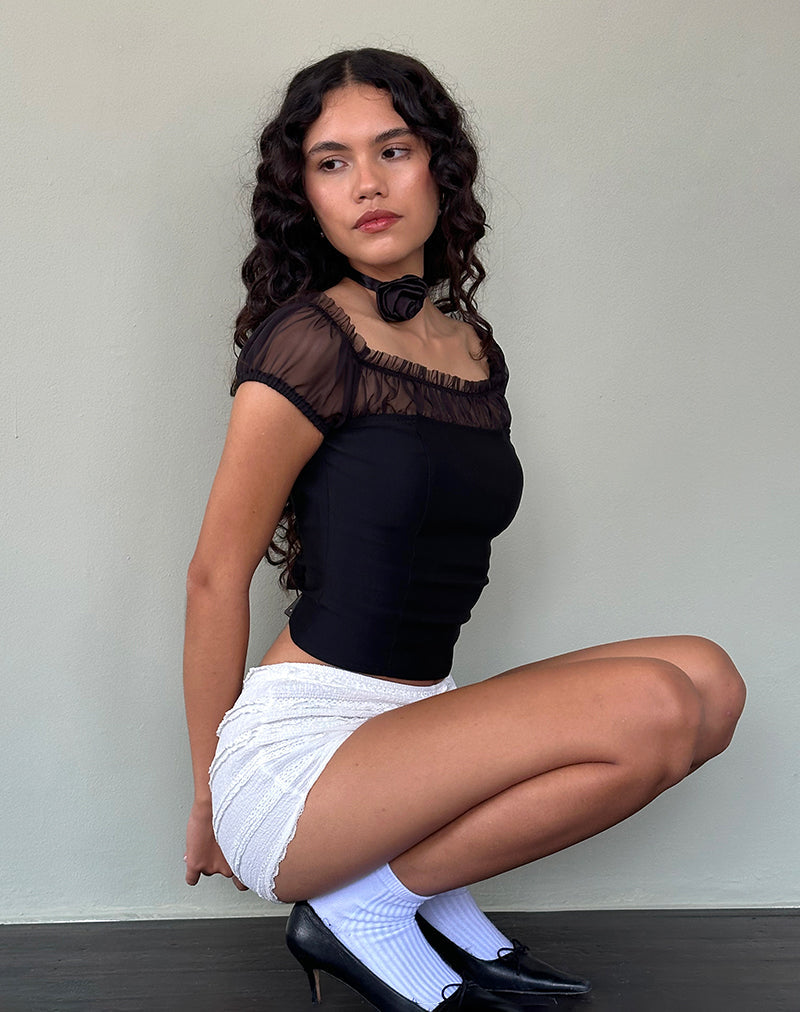 Naaji Chiffon Frill Bardot Top in Zwart