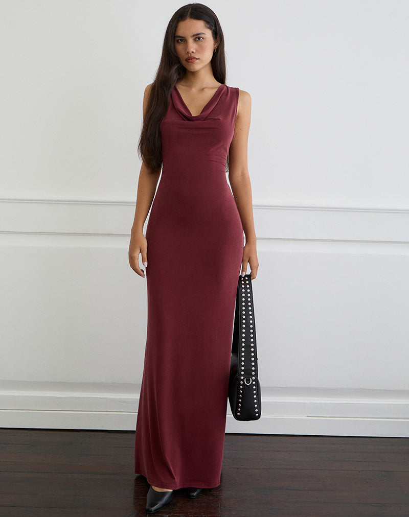 Namra Maxi Dress met Kraag in Cupro Bourgondië