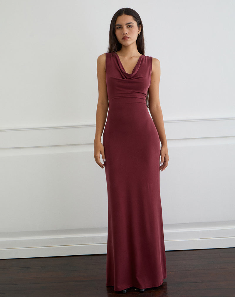 Afbeelding van Namra Cowl Neck Maxi Dress in Cupro Bourgondië