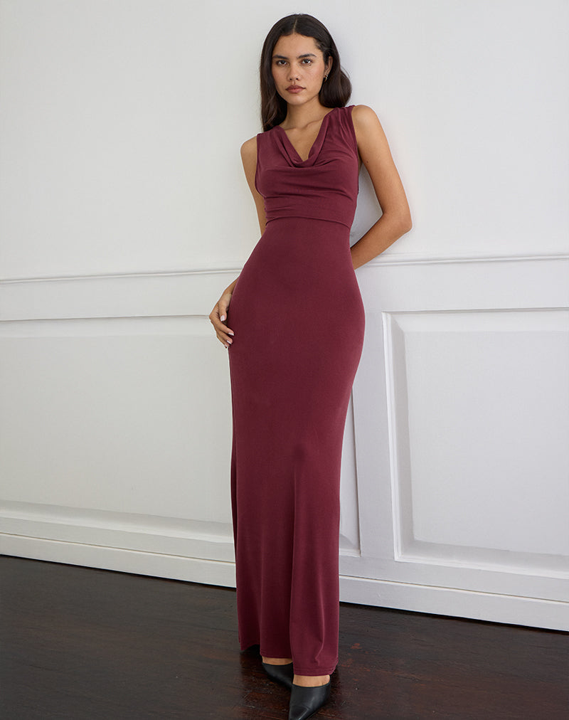 Namra Maxi Dress met Kraag in Cupro Bourgondië