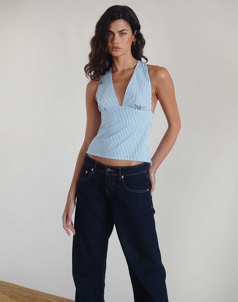 Afbeelding van Nandu Top in Popeline Blauw Kleine Verticale Streep