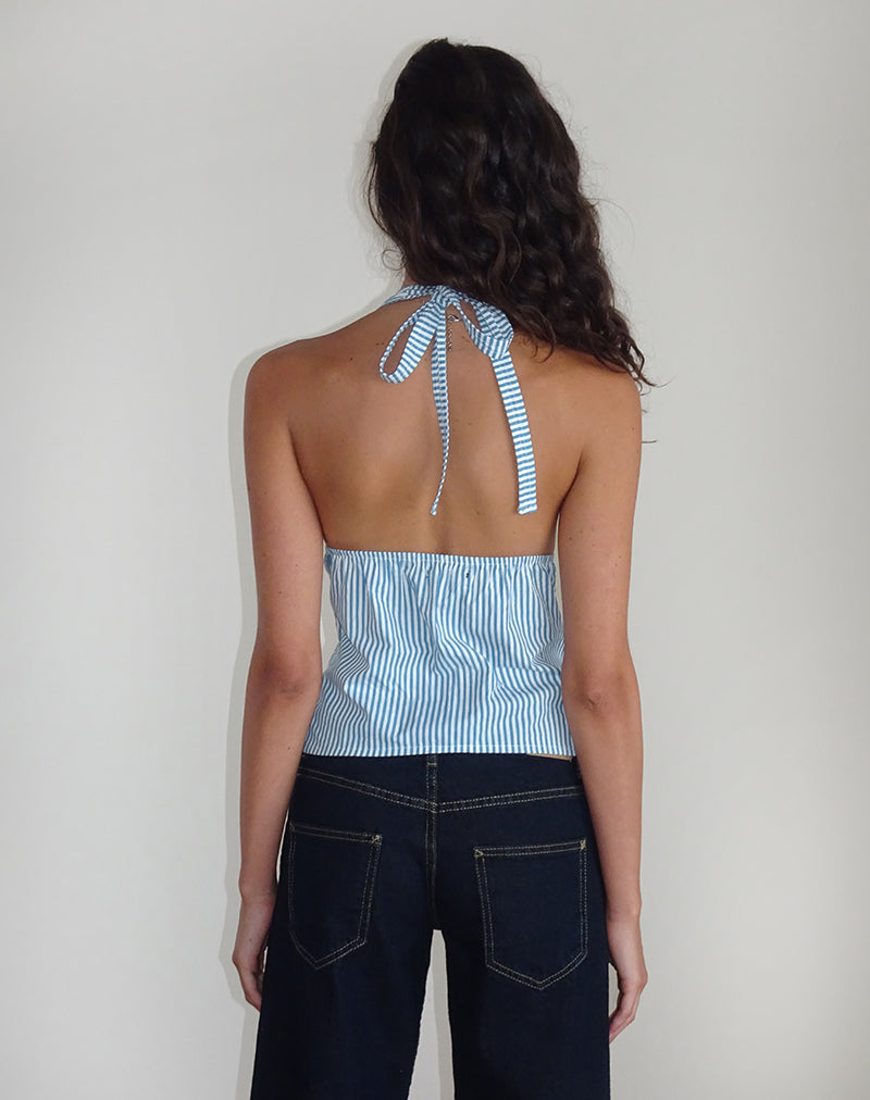Nandu Top in Popeline Blauw Kleine Verticale Streep