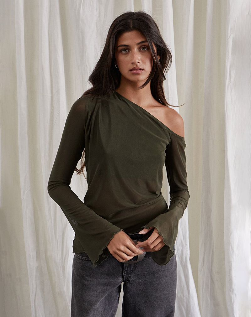 Afbeelding van Narcissa Asymmetrische Lange Mouw Top in Mesh Donker Olijf