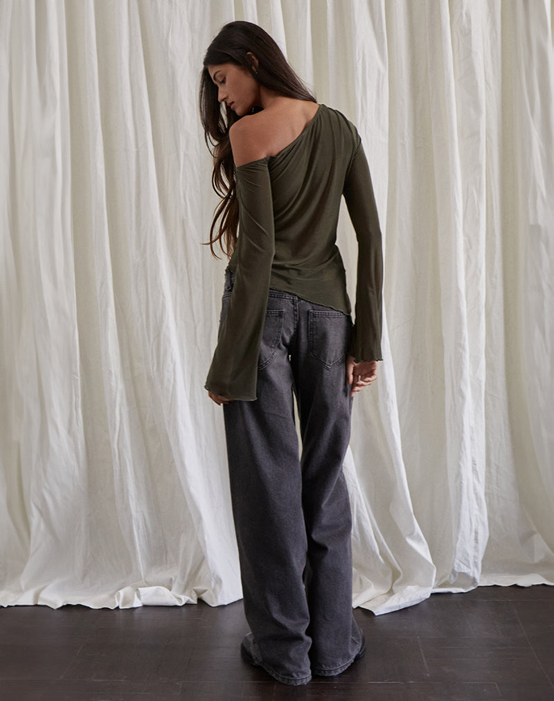 Afbeelding van Narcissa Asymmetrische Lange Mouw Top in Mesh Donker Olijf