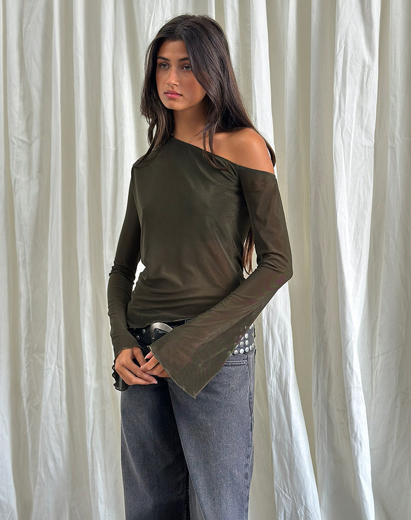 Afbeelding van Narcissa Asymmetrische Lange Mouw Top in Mesh Donker Olijf