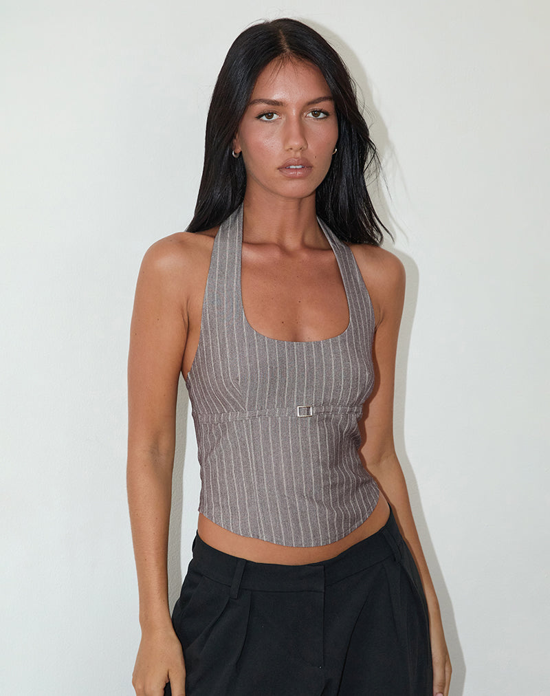 Afbeelding van Nasya Haltertop in Taupe Pinstripe Tailoring
