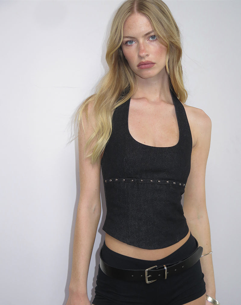 Nasya Halter Top in Chambray Studs Zwart