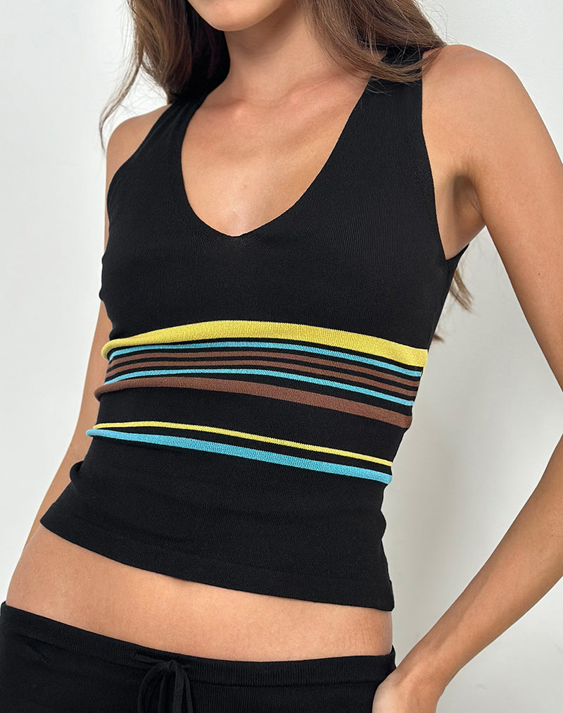 Natcha Vest Top in zwart met bruine en blauwe strepen