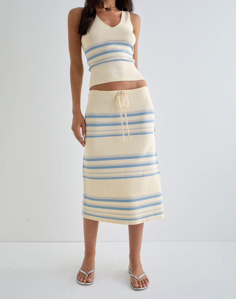 Amalia Midi-rok in crème met blauwe en grijze strepen