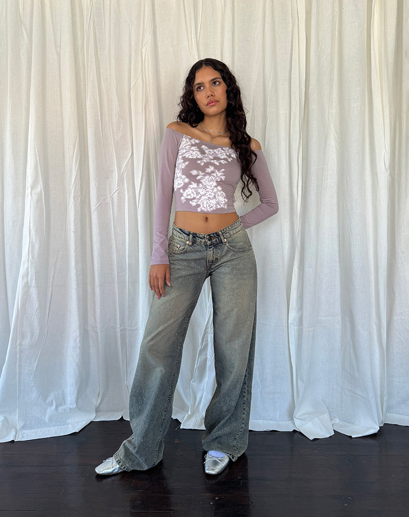 Afbeelding van Nauby Lange Mouw Bardot Top in Licht Mauve Bloemen Kant