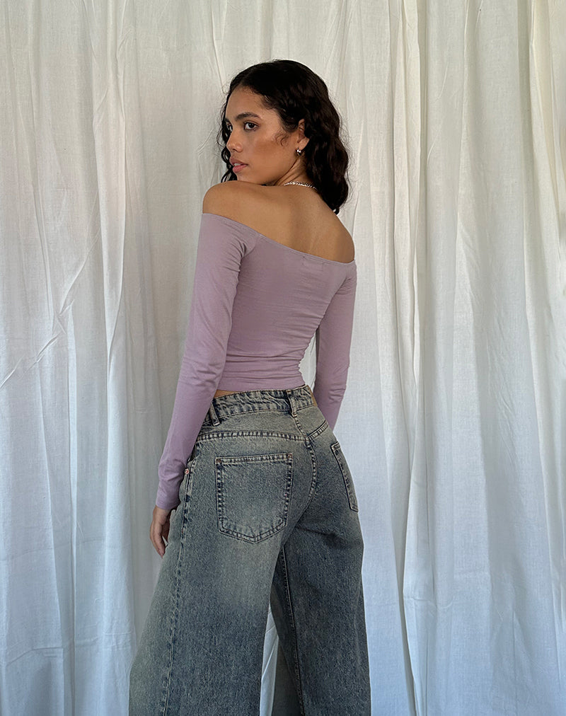 Afbeelding van Nauby Lange Mouw Bardot Top in Licht Mauve Bloemen Kant