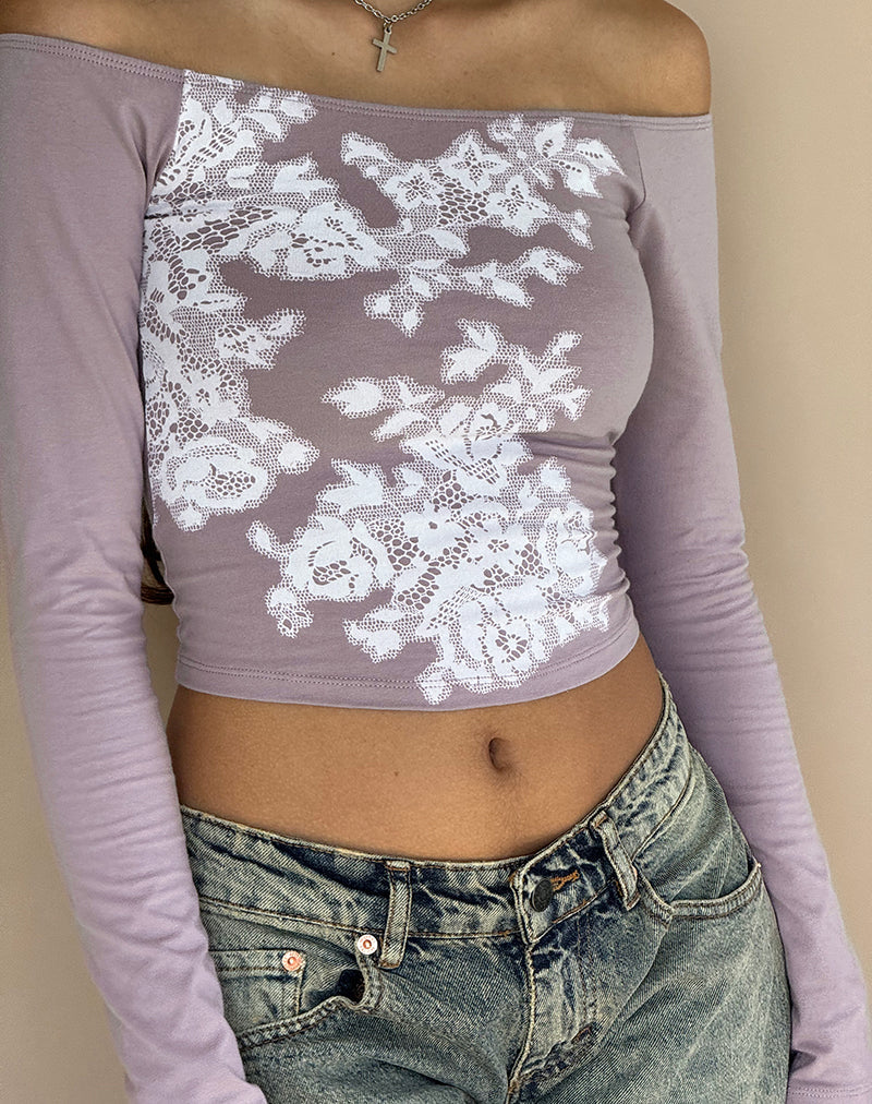Afbeelding van Nauby Lange Mouw Bardot Top in Licht Mauve Bloemen Kant