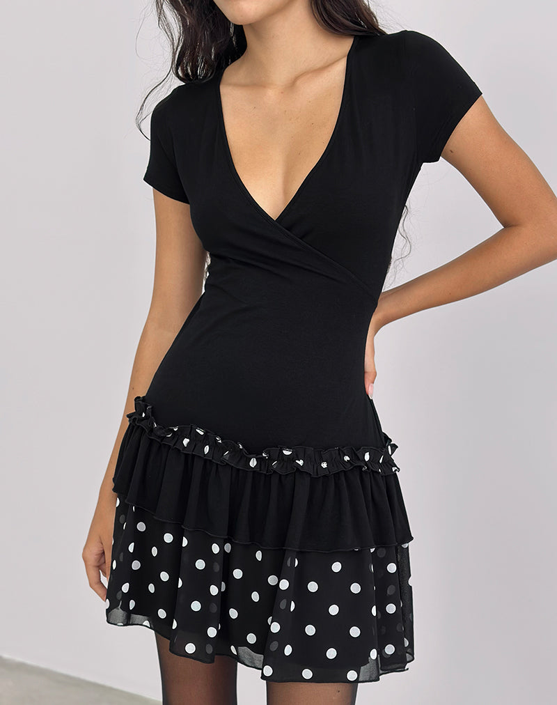 Afbeelding van Navya Wrap Mini Dress in Polka Zwart Wit