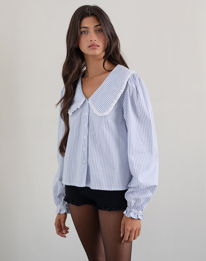 Afbeelding van Nelcy Oversized Collared Shirt in Kleine Verticale Streep Blauw