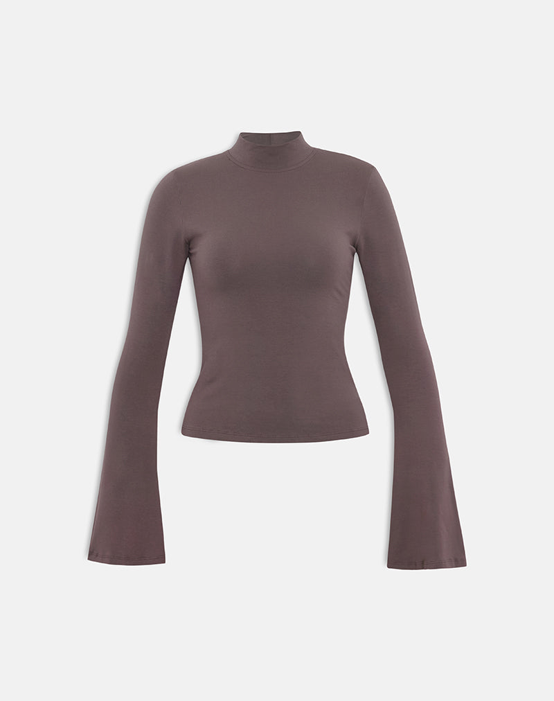 Afbeelding van Nell High Neck Long Sleeve Top in Jersey Coffee Quartz