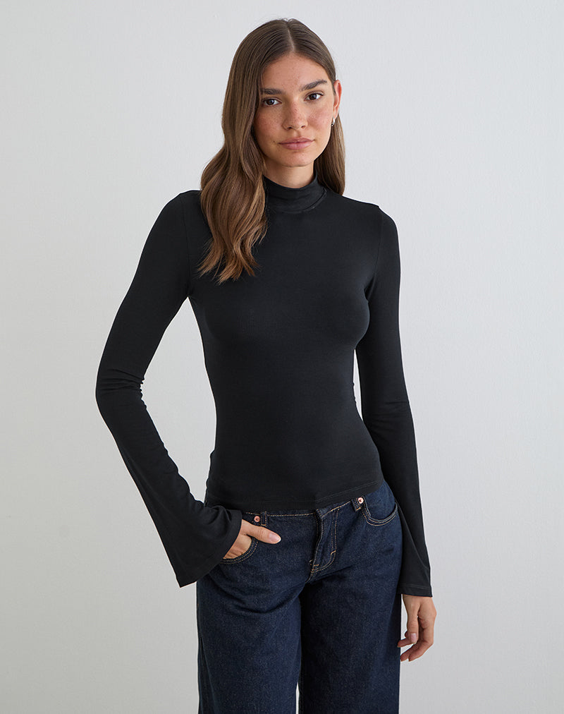 Afbeelding van Nell High Neck Long Sleeve Top in Rayon Jersey Black