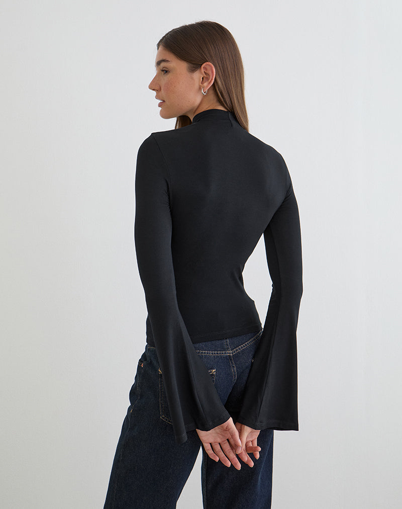 Afbeelding van Nell High Neck Long Sleeve Top in Rayon Jersey Black