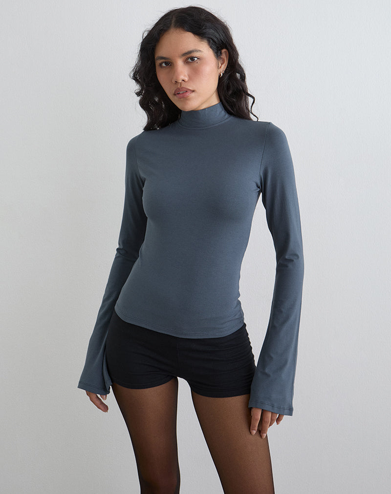 Afbeelding van Nell High Neck Long Sleeve Top in Jersey Ocean Storm