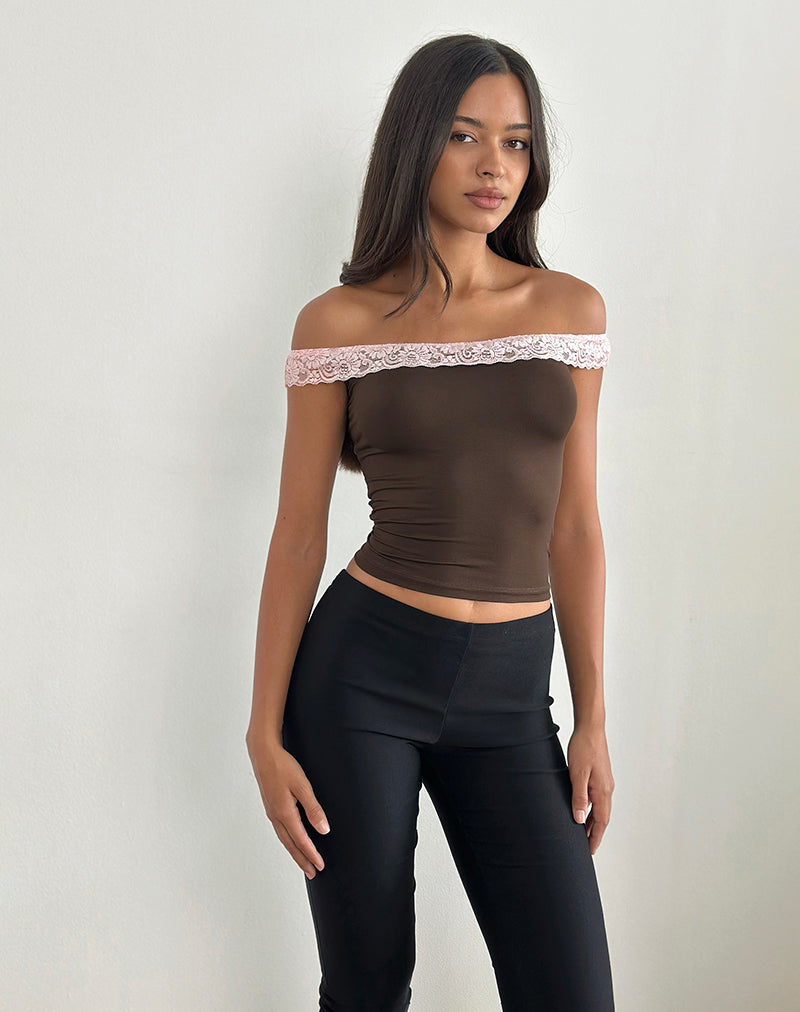 Nesel Top in Bruin Slinky Kant Roze
