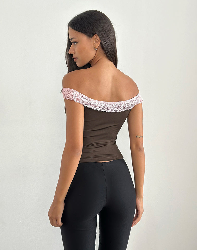 Afbeelding van Nesel Top in Bruin Slinky Kant Roze