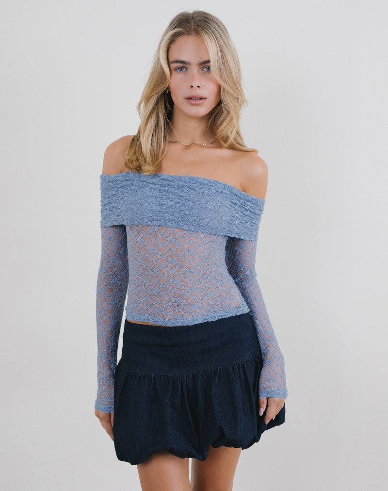 Nesta Bardot Top in Ongevoerd Kant Blauw