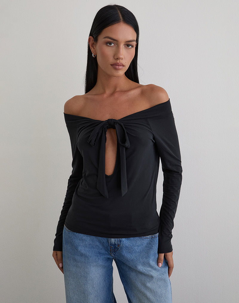 Afbeelding van Nezuko Multi Tie Long Sleeve Top in Cupro Black