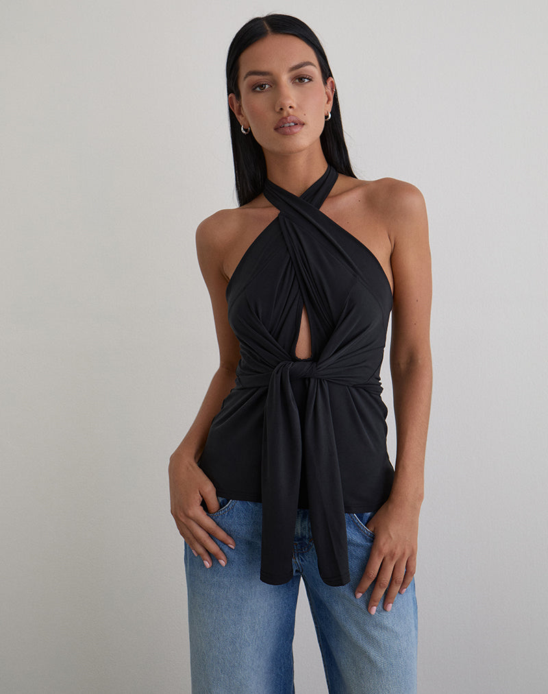 Afbeelding van Nezuko Multi Tie Long Sleeve Top in Cupro Black