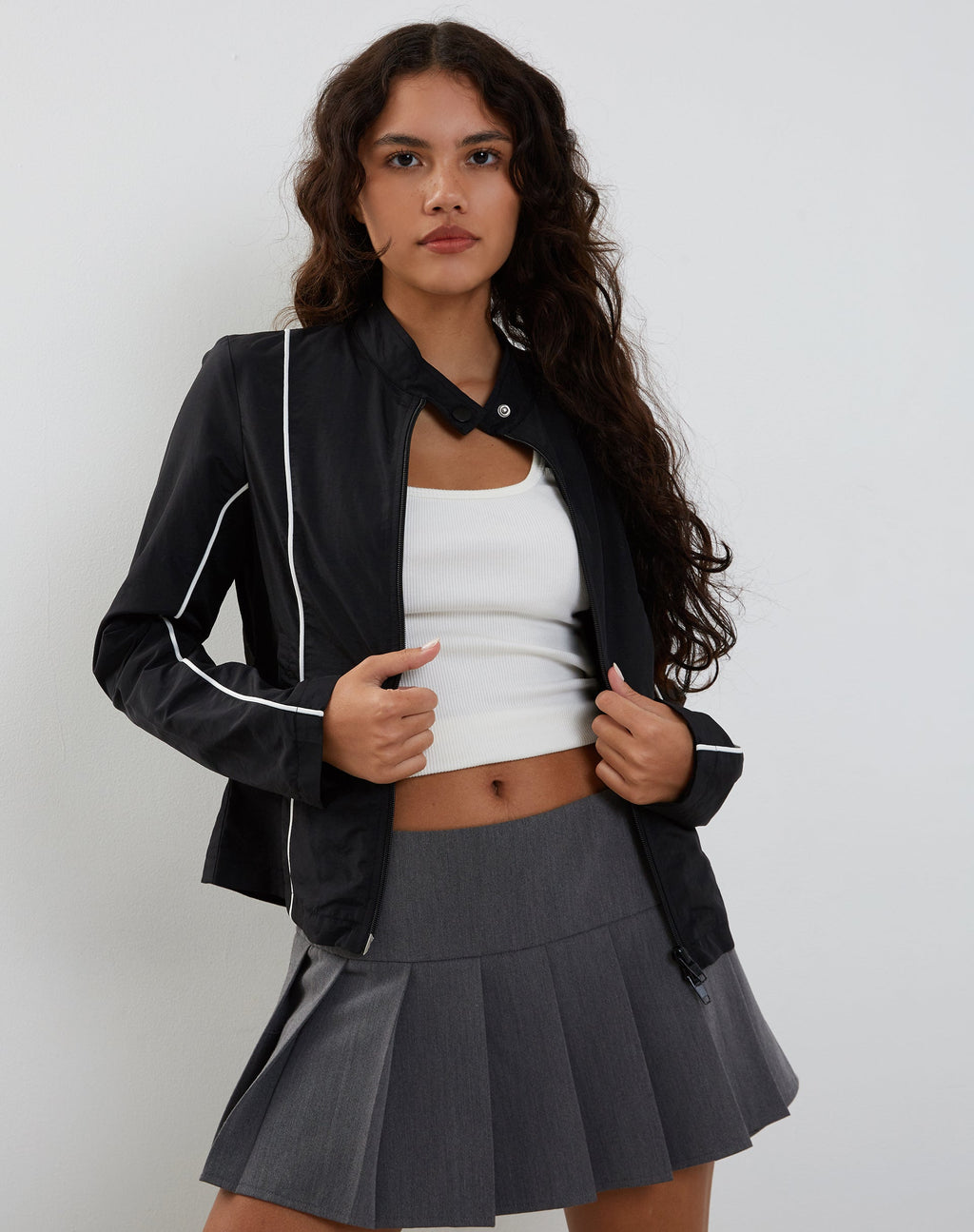 Nila Zip Up Bikerjas in zwart nylon