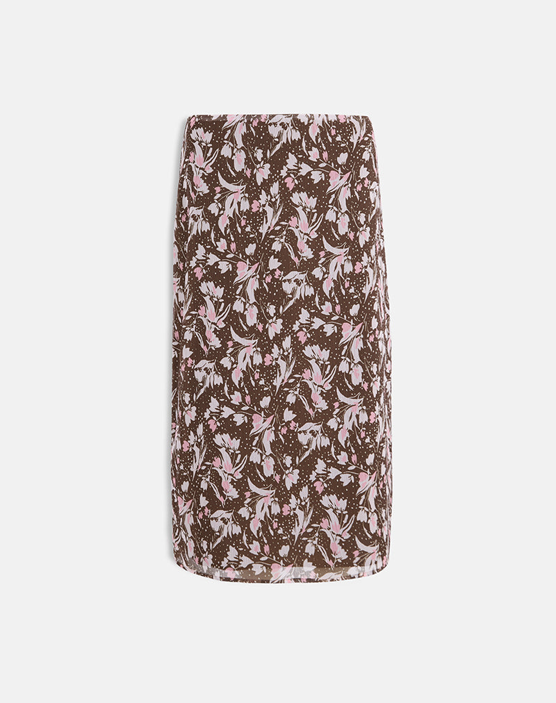 Afbeelding van Nimas Midi rok in bruin en roze polkabloem chiffon