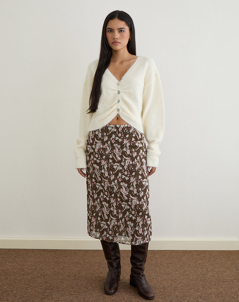 Afbeelding van Nimas Midi rok in bruin en roze polkabloem chiffon