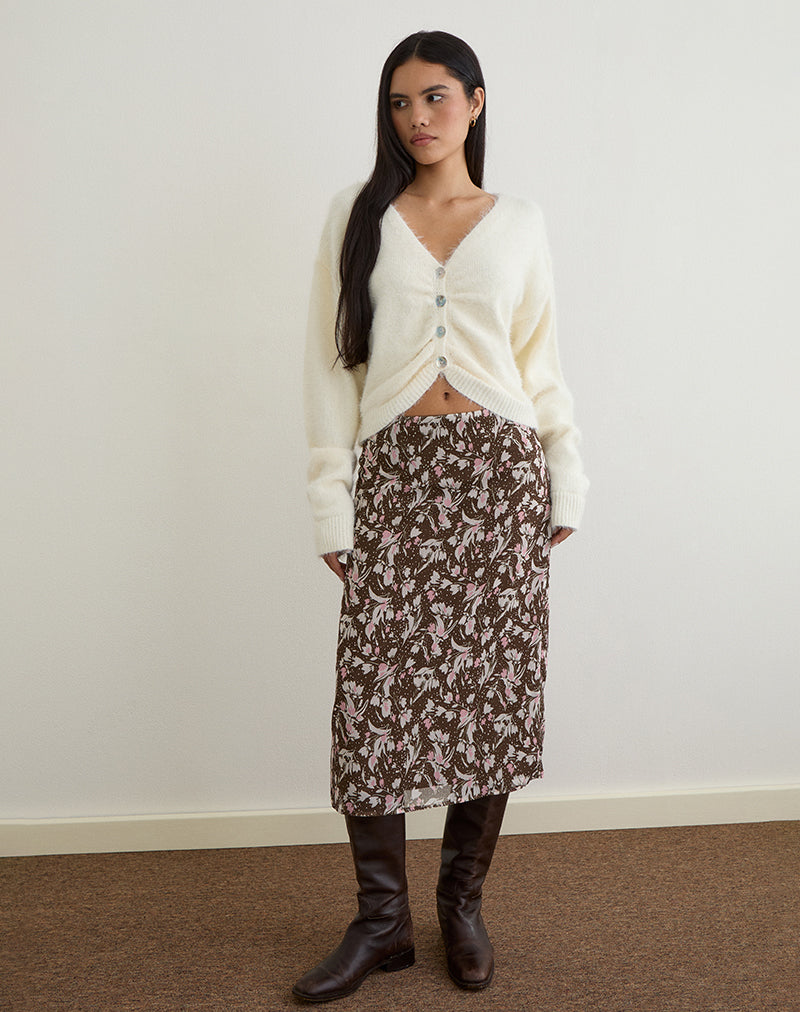 Nimas Midi rok in bruin en roze chiffon met polkabloemen