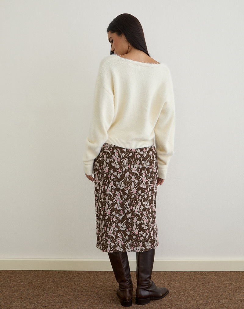 Afbeelding van Nimas Midi rok in bruin en roze polkabloem chiffon