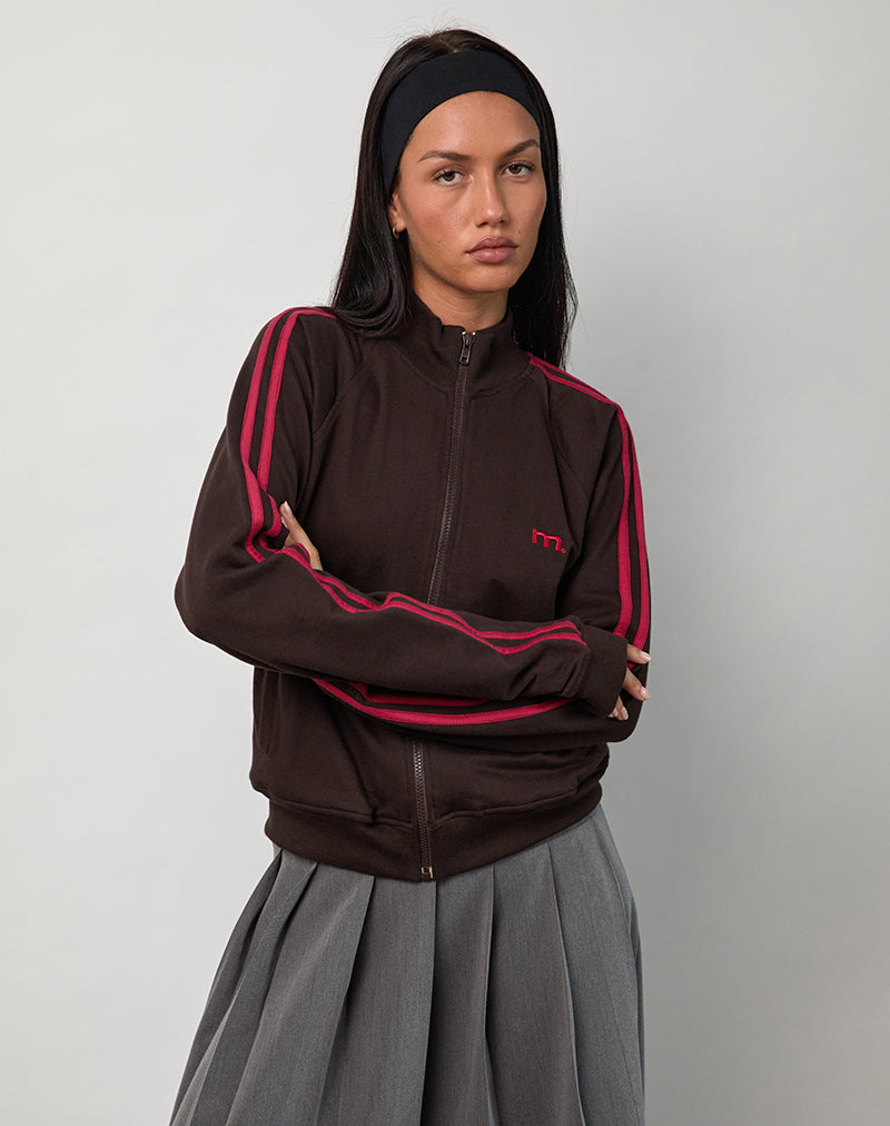 Niskala Jacket in Bitter Chocolate met Adrenaline Red Binding en Borduring