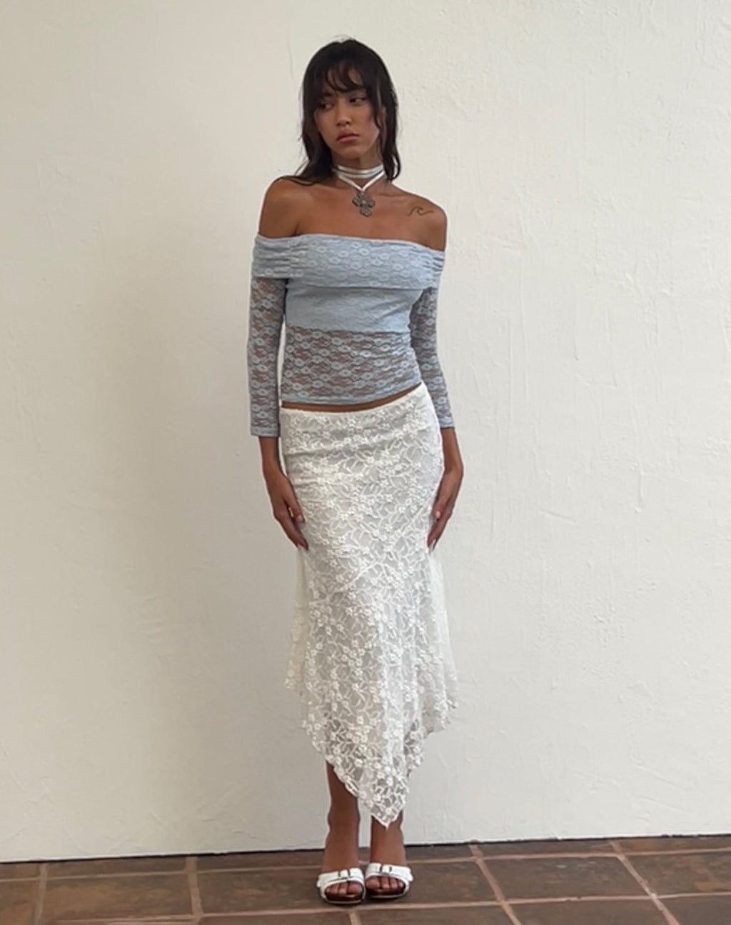 Nixie Bardot Top met lange mouwen in kant, lichtblauw