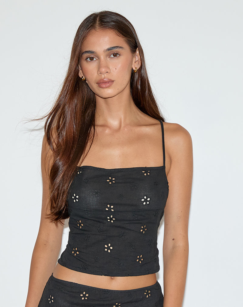Nobita Cami Top in Bloembroderie Zwart