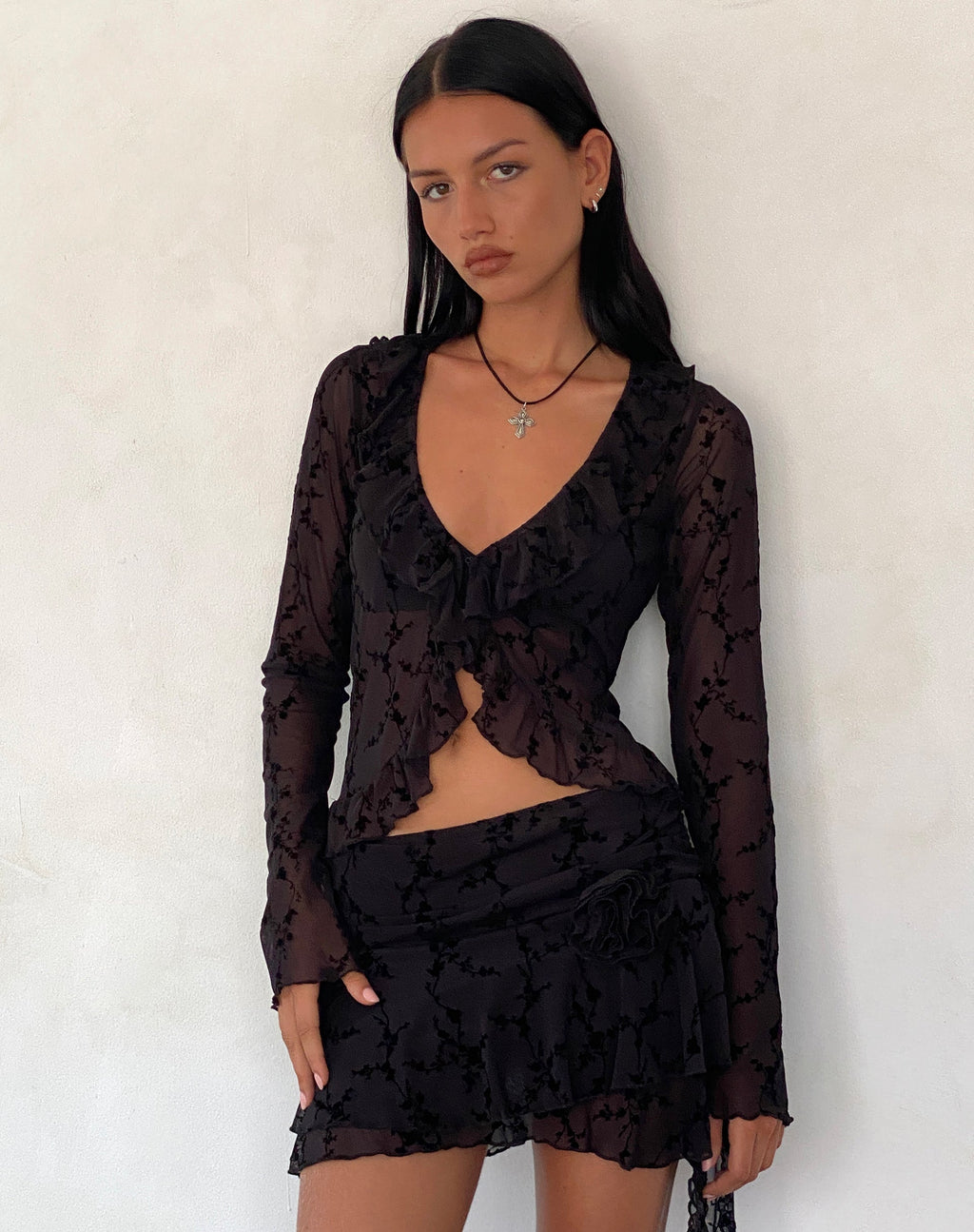 Noemi vest in Mesh Vine Flower Zwart