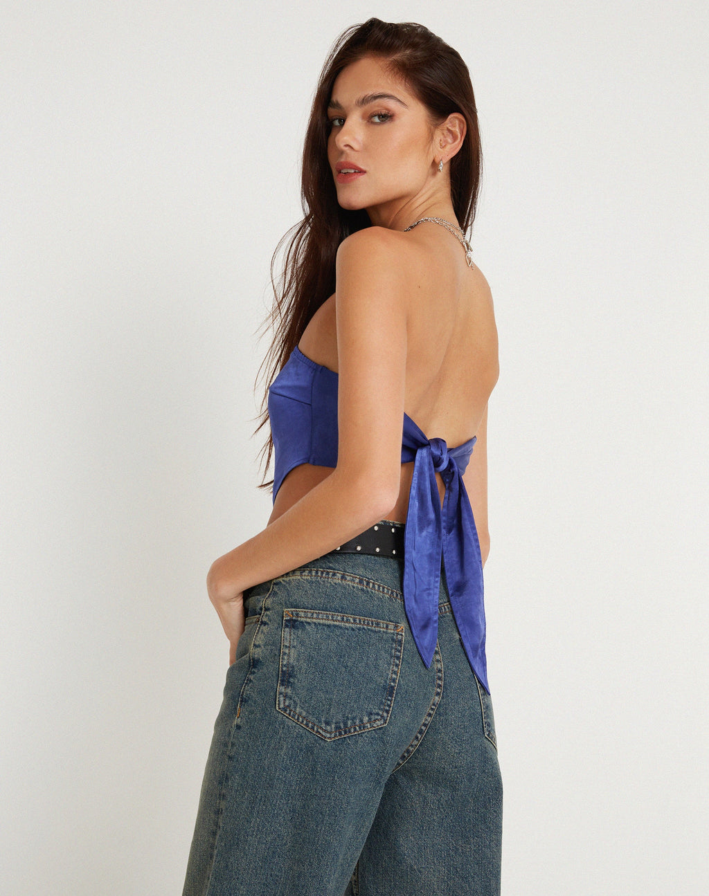Nolda Bandeau Crop Top in Satijn Spectrum Blauw